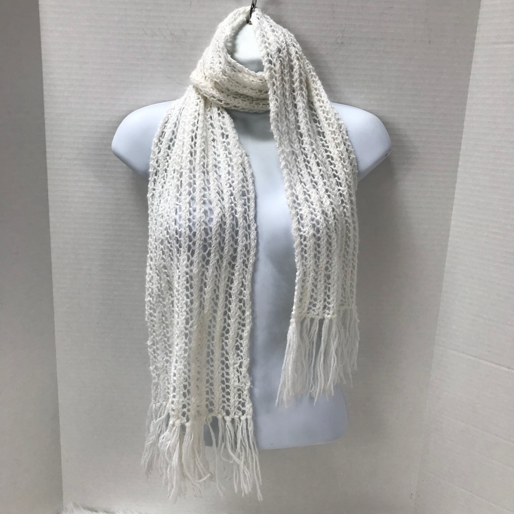 White Crochet Scarf Wrap Lightweight Fringe Ends